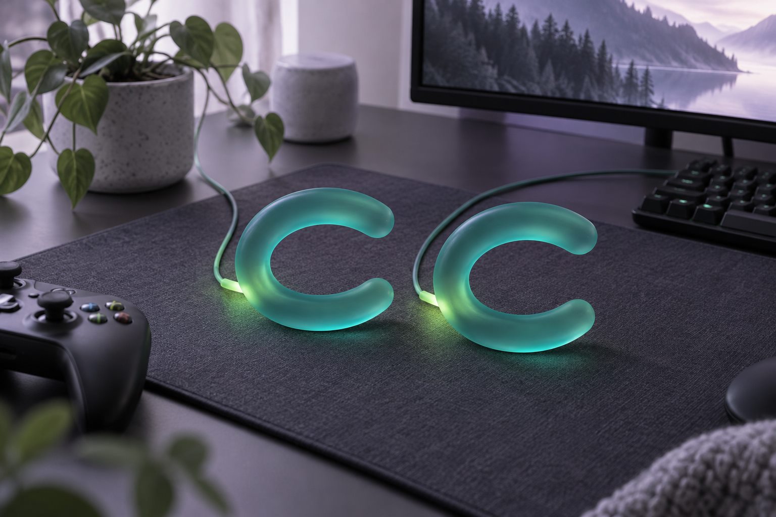 游戏桌面上的双C开放弧线连接造型与电脑手柄